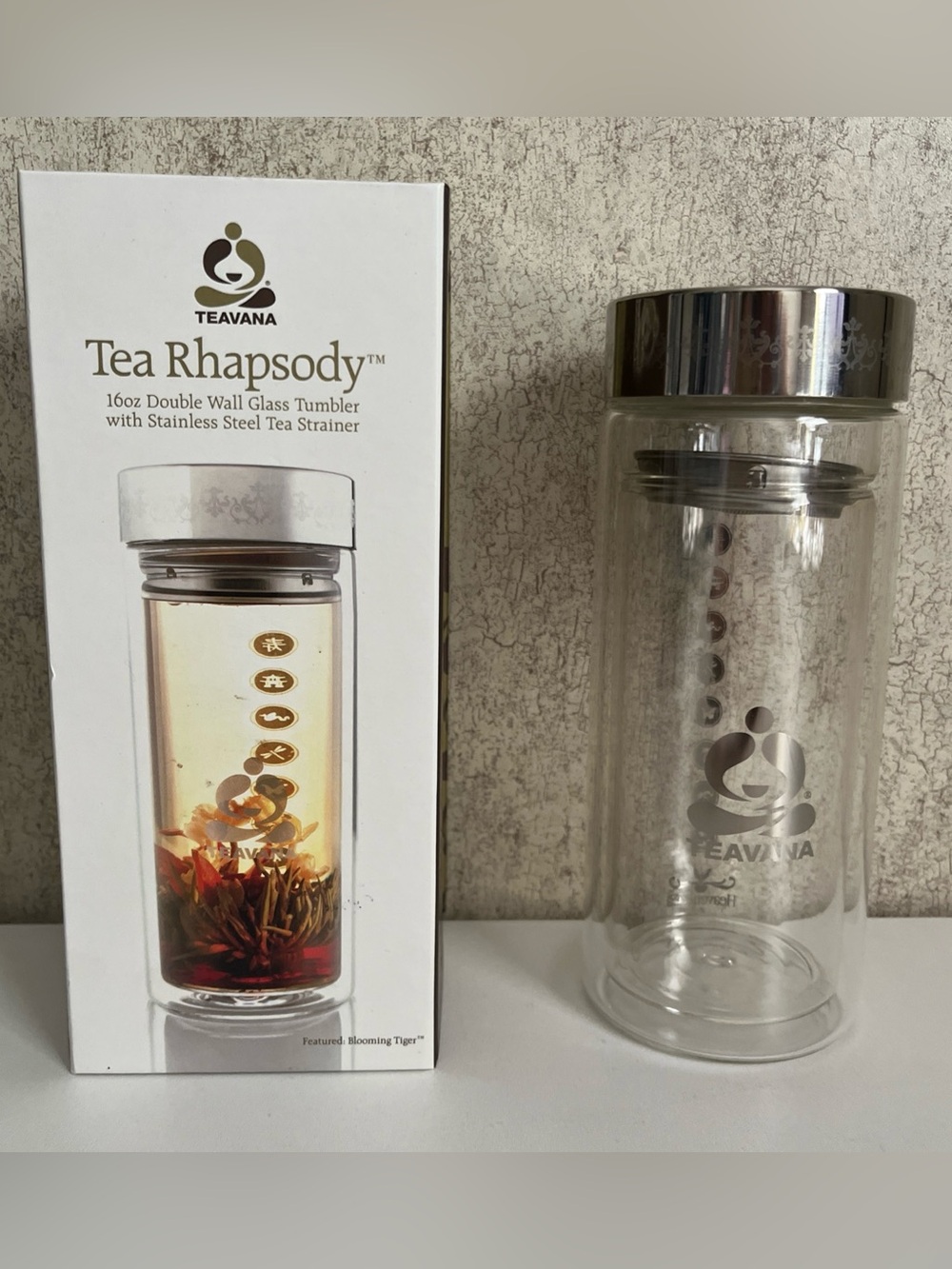 Teavana Tea Rhapsody Double Wall Glass Tumbler 16oz Stainless Steel Strainer Box